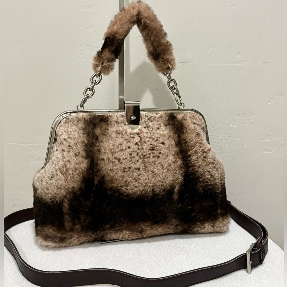 Real Rex Rabbit Fur Handmade Unique Rivet Frame Push Lock Handbag, Crossbody